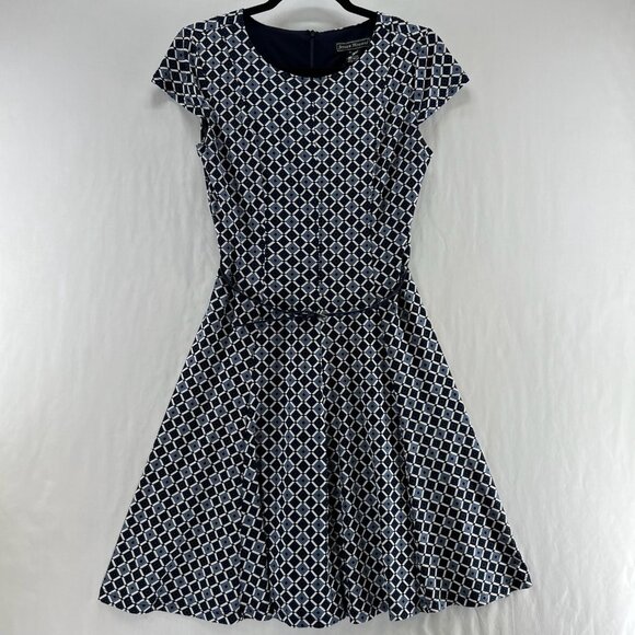 Jessica Howard Dress Women 4P Cap Sleeve Geometric Print Belted A-Line Navy Blue - Picture 1 of 12
